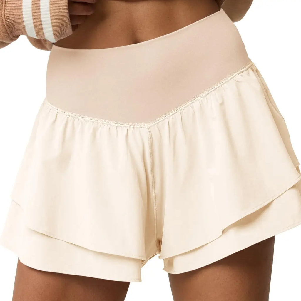 FISOEW Womens High Waisted Athletic Shorts Ruffle Tiered Running Workout Tennis Shorts with Build in Shorts