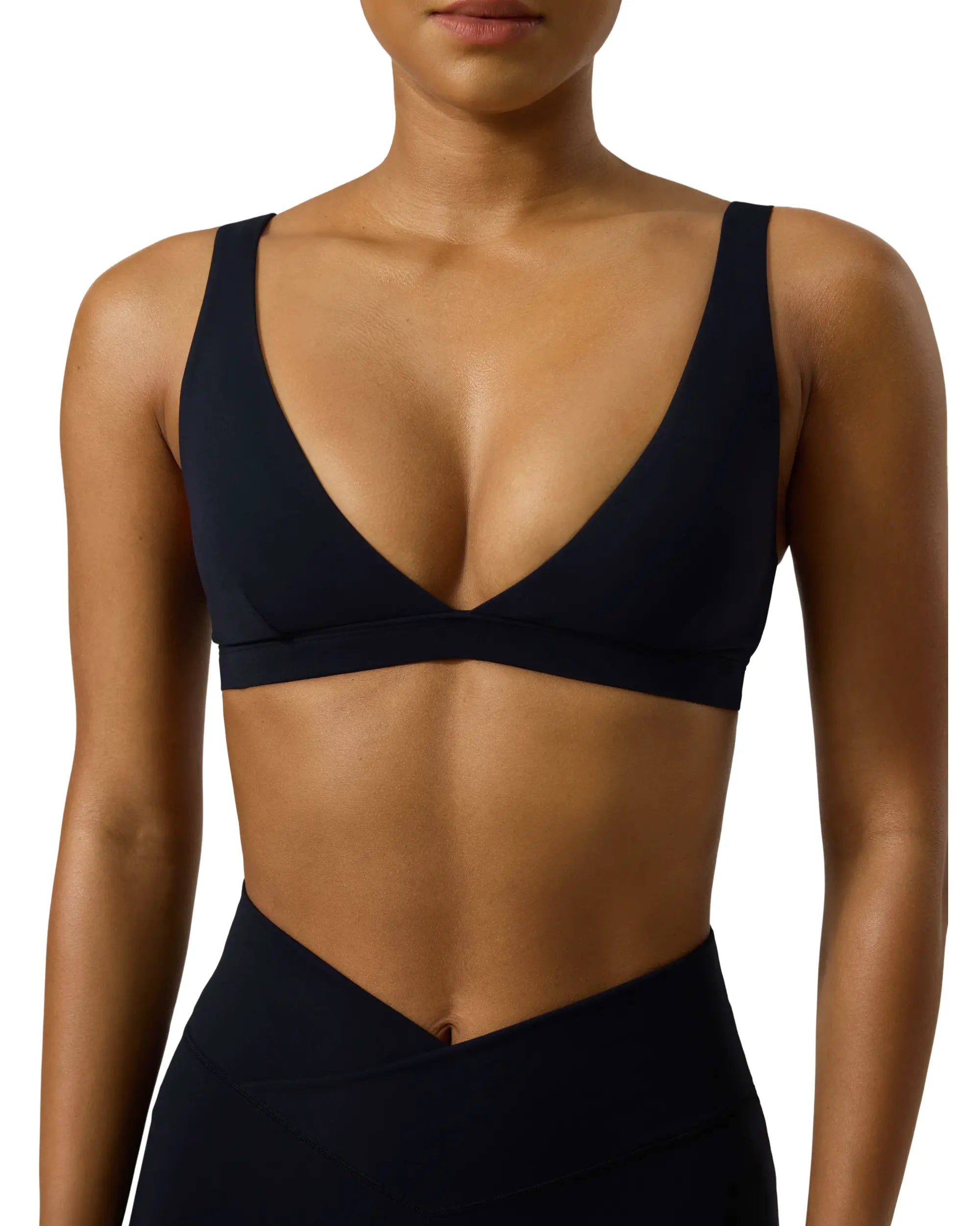 PAVOI ACTIVE Deep V Neck Sports Bra for Women - Low Coverage Open Back V Plunge Low Cut Workout Bra with Removable Pads - Flexflow