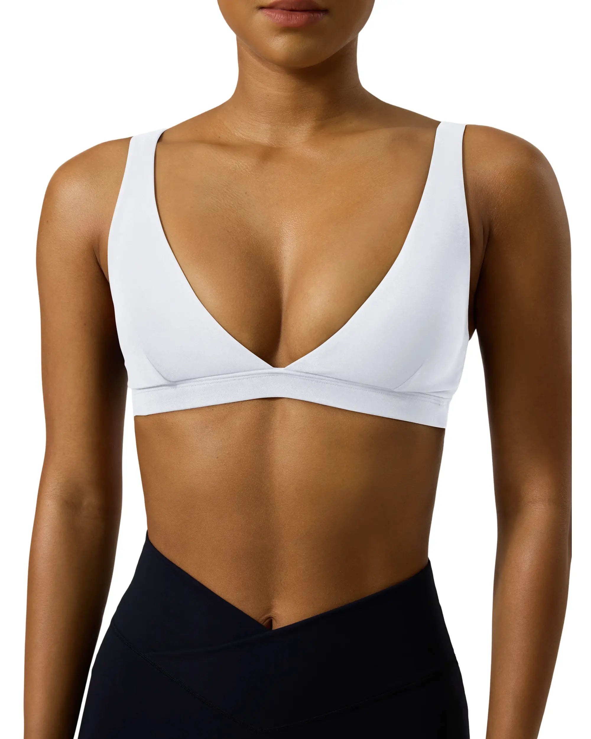PAVOI ACTIVE Deep V Neck Sports Bra for Women - Low Coverage Open Back V Plunge Low Cut Workout Bra with Removable Pads - Flexflow