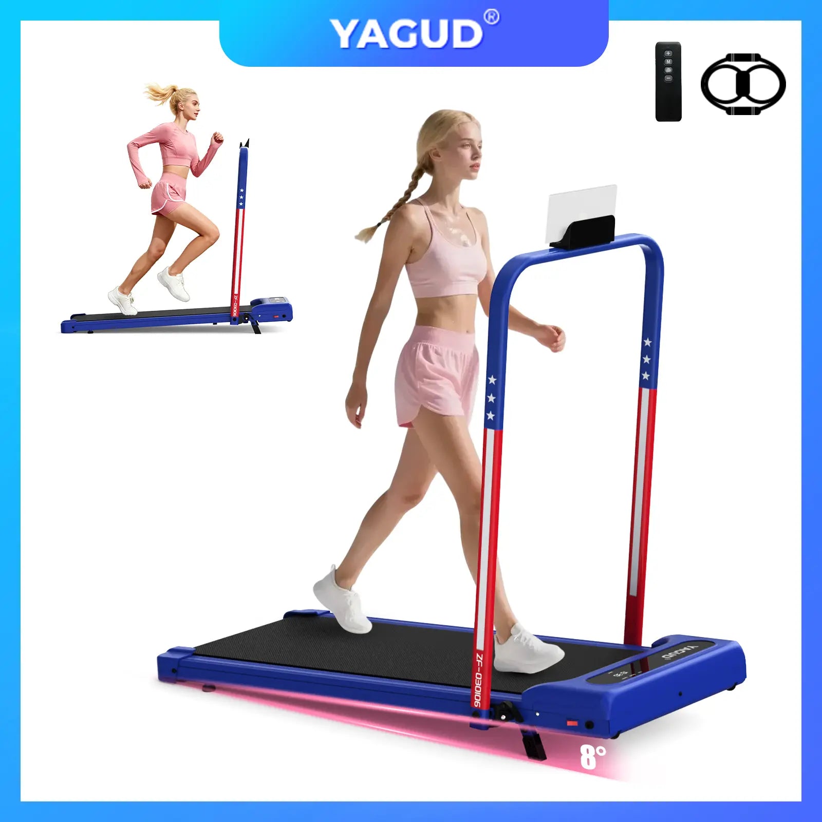 【Adjustable Incline】 YAGUD Foldable Treadmill, Low-Noise Motor Walking Pad, 265Lbs Weight Capacity, Remote Control & Wheels for Easy Mobility, Comes with Free Resistance Bands, Dual Shock-Absorption System Springstatements