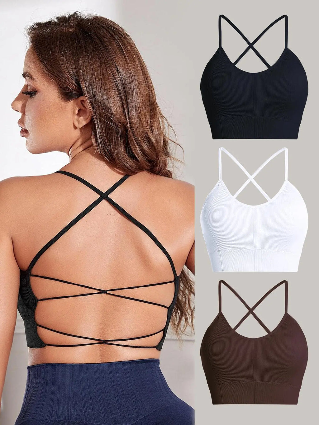 Women'S Solid Criss Cross Backless Sports Bras, Fall Back-To-School Clothing, Gym Clothing, Breathable High Elasticity Padded Wireless Sports Bra for Yoga Gym Workout Running Tennis Pickleball, Sports Bra for Women Top, Sports Bra, Activewear