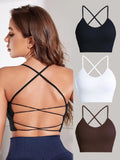 Women'S Solid Criss Cross Backless Sports Bras, Fall Back-To-School Clothing, Gym Clothing, Breathable High Elasticity Padded Wireless Sports Bra for Yoga Gym Workout Running Tennis Pickleball, Sports Bra for Women Top, Sports Bra, Activewear
