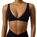 PAVOI ACTIVE Deep V Neck Sports Bra for Women - Low Coverage Open Back V Plunge Low Cut Workout Bra with Removable Pads - Flexflow