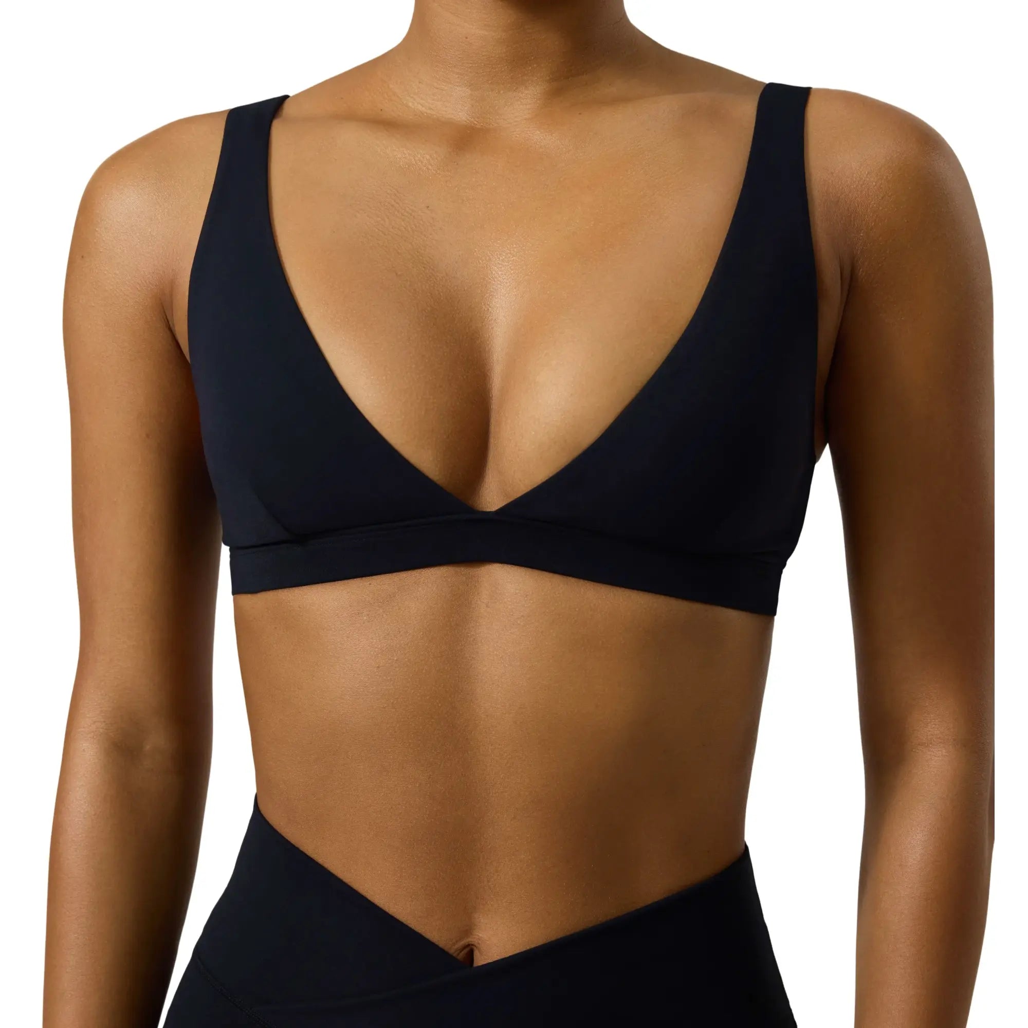 PAVOI ACTIVE Deep V Neck Sports Bra for Women - Low Coverage Open Back V Plunge Low Cut Workout Bra with Removable Pads - Flexflow