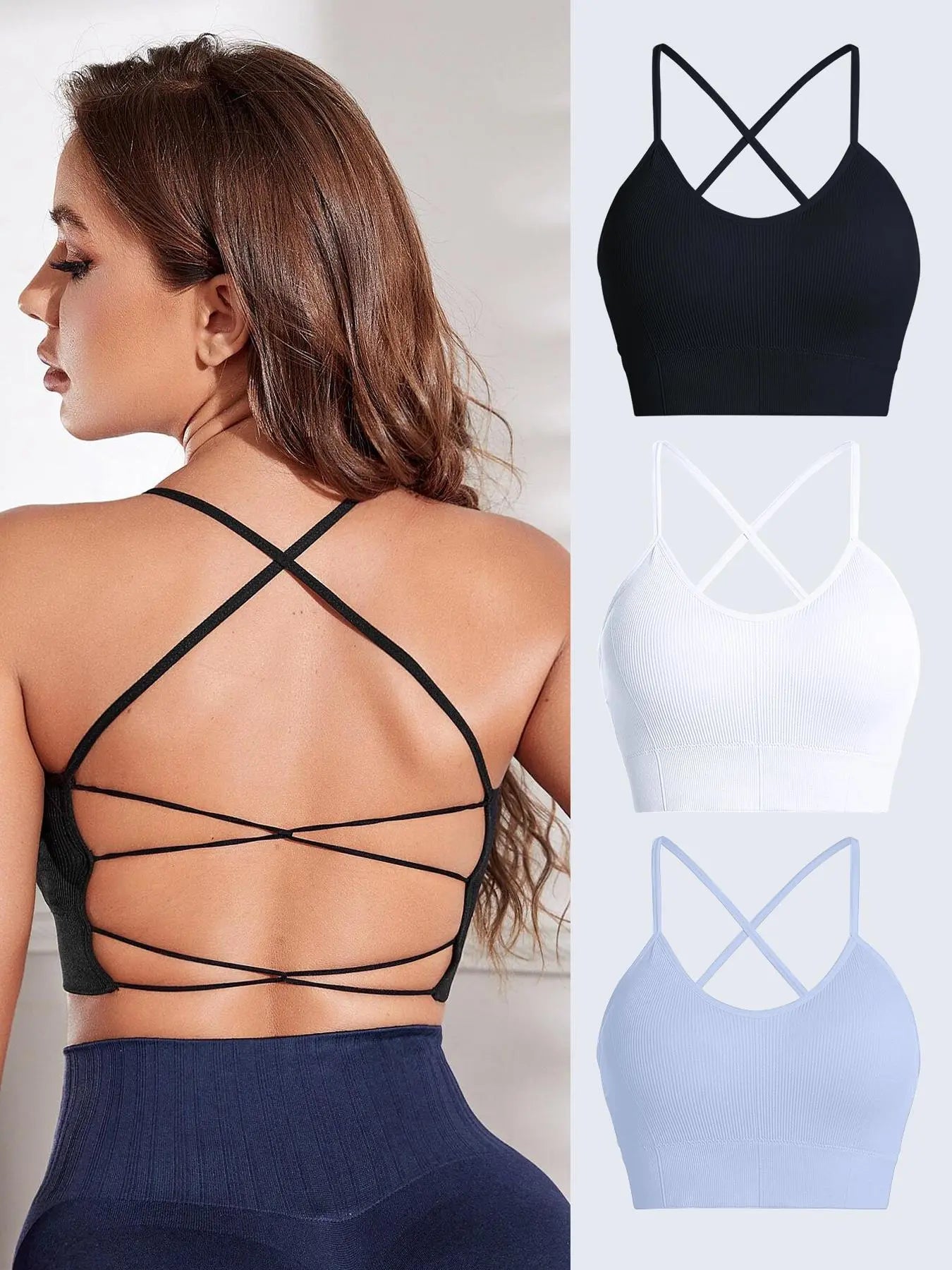 Women'S Solid Criss Cross Backless Sports Bras, Fall Back-To-School Clothing, Gym Clothing, Breathable High Elasticity Padded Wireless Sports Bra for Yoga Gym Workout Running Tennis Pickleball, Sports Bra for Women Top, Sports Bra, Activewear