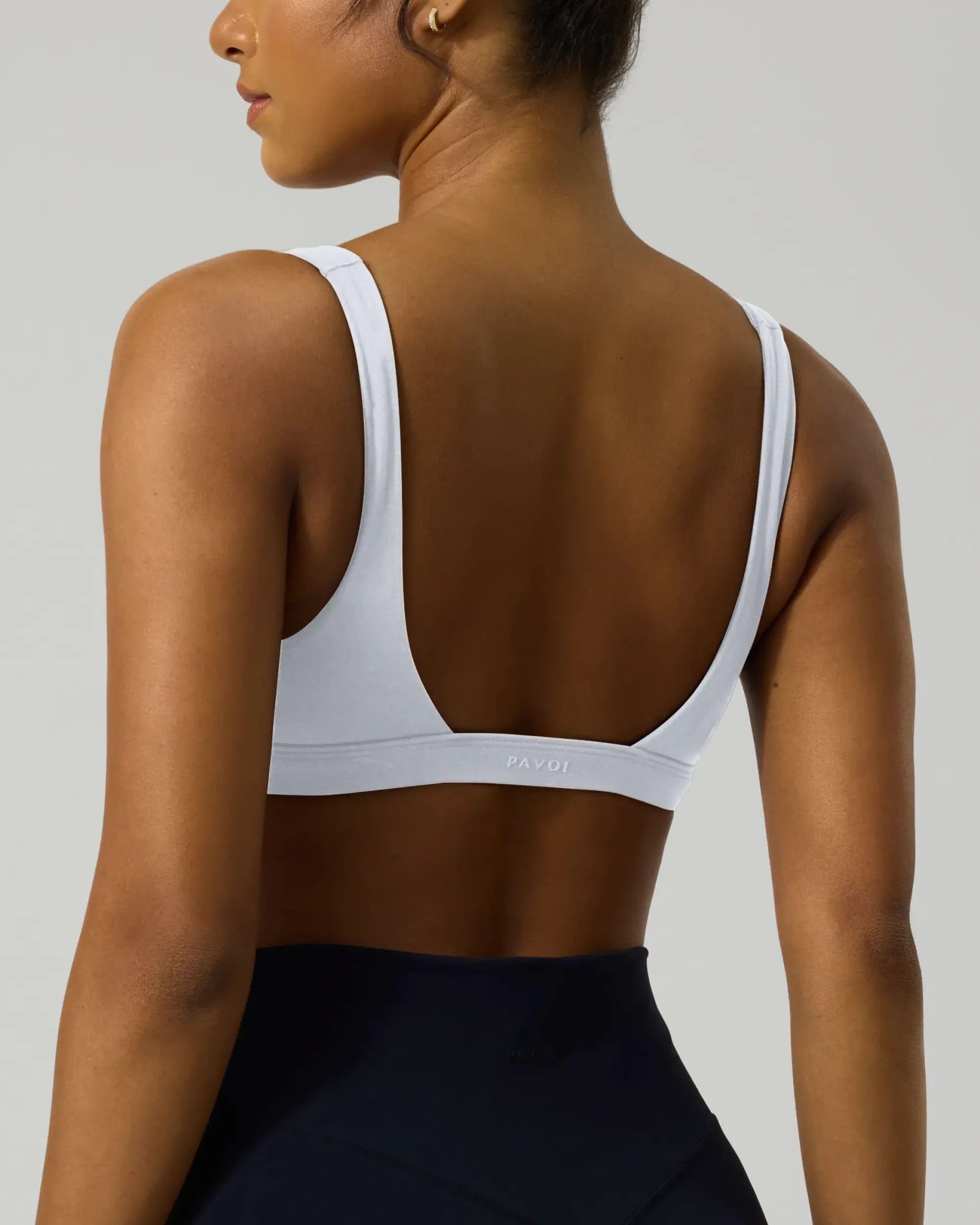 PAVOI ACTIVE Deep V Neck Sports Bra for Women - Low Coverage Open Back V Plunge Low Cut Workout Bra with Removable Pads - Flexflow