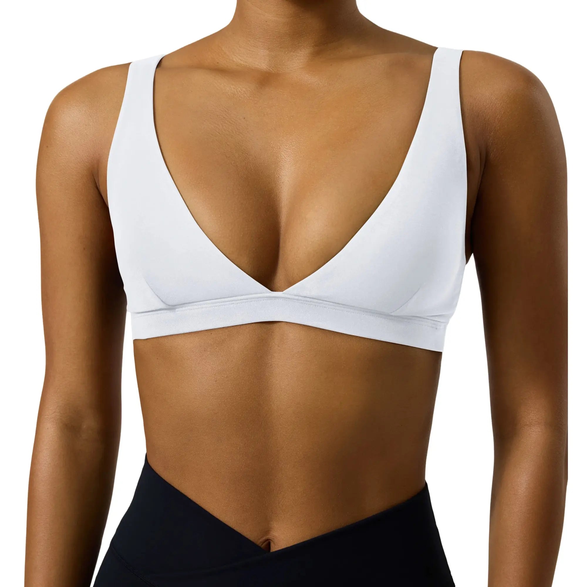 PAVOI ACTIVE Deep V Neck Sports Bra for Women - Low Coverage Open Back V Plunge Low Cut Workout Bra with Removable Pads - Flexflow
